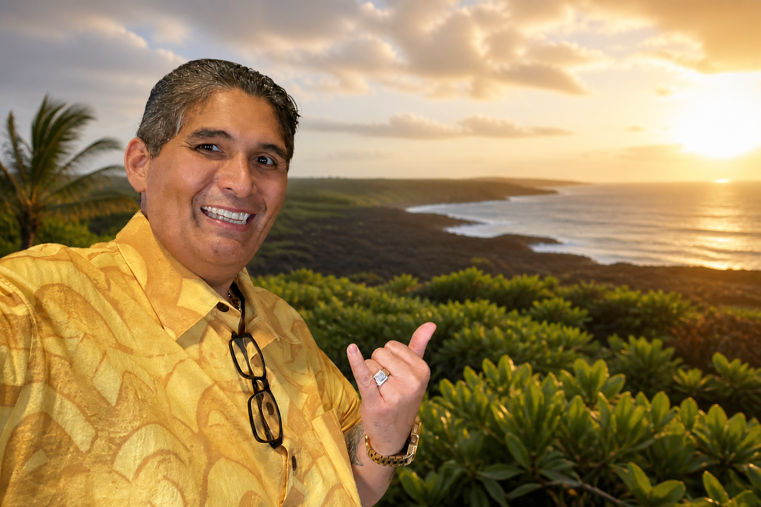 Demetrius K. Oliveira, founder of One Wave Radio, in a yellow Hawaiian-print shirt overlooking the tropical Kaʻū coastline at sunset