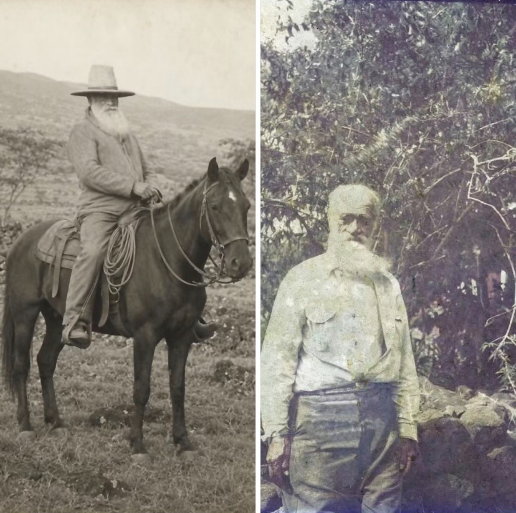Two archival family photographs of Ioane Kanakaʻole, one seated on horseback and one standing outdoors