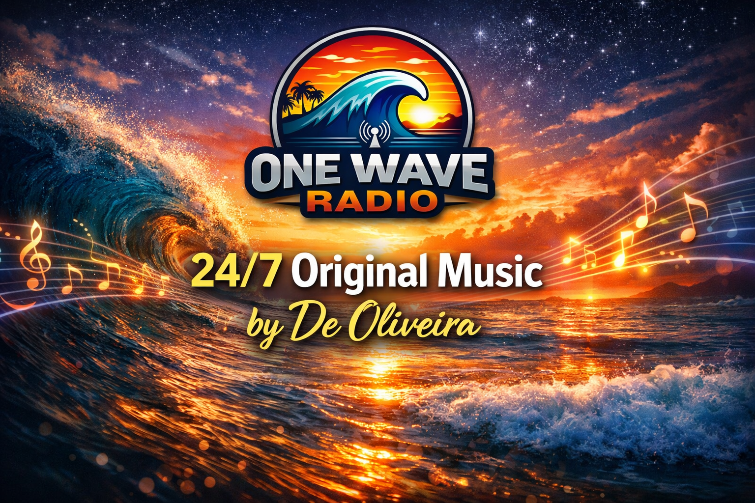 One Wave Radio artwork showing the station’s wave and broadcast logo over an ocean sunset with the words 24/7 Original Music by De Oliveira